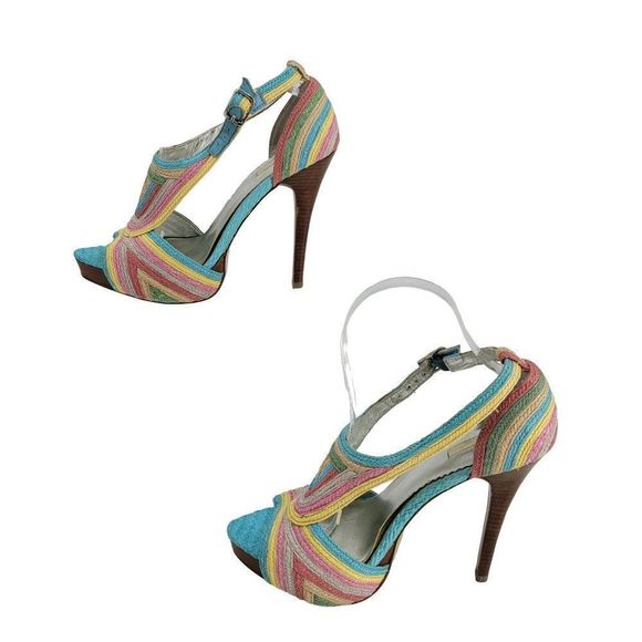 Report Signature Stiletto Heels 8 Pastel Rainbow Stripped Vegan Raffia Wood Heel - Picture 5 of 13